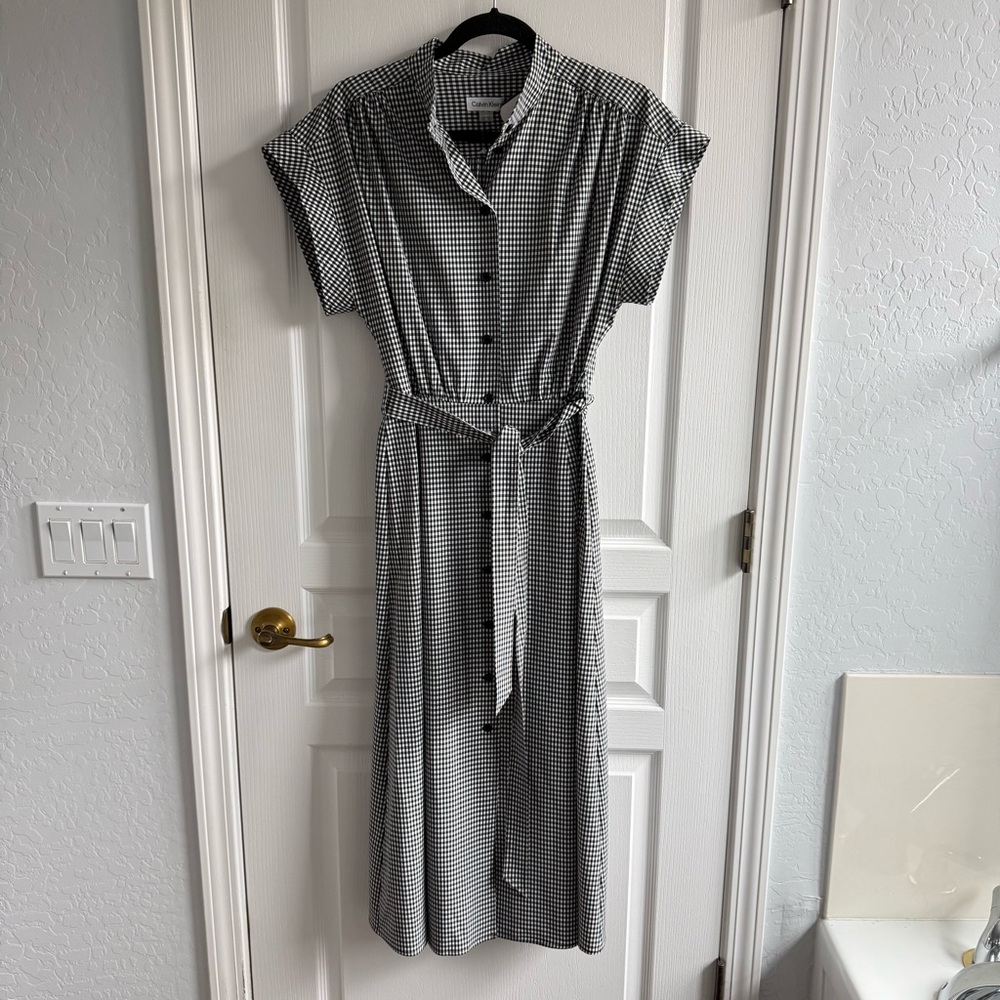 NWOT CALVIN KLEIN Midi Shirtdress Short Sleeve Black/White Gingham w/Belt 10 - Picture 8 of 16